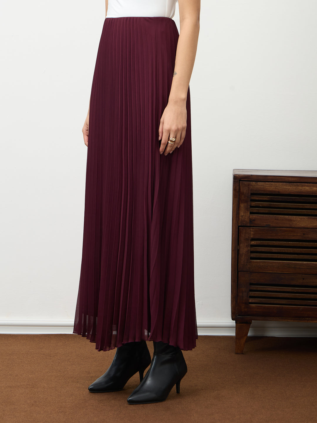 Wine Pleated Maxi Skirt