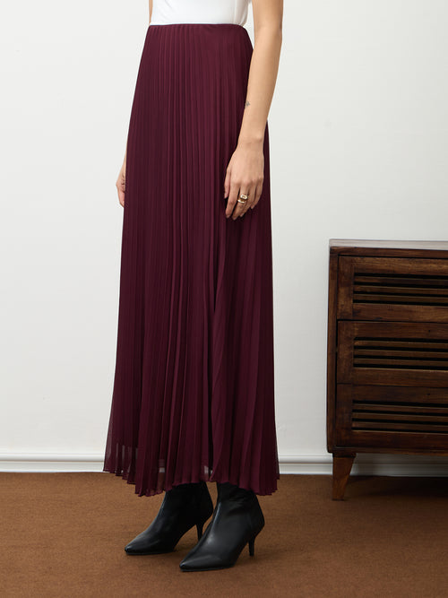 Wine Pleated Maxi Skirt