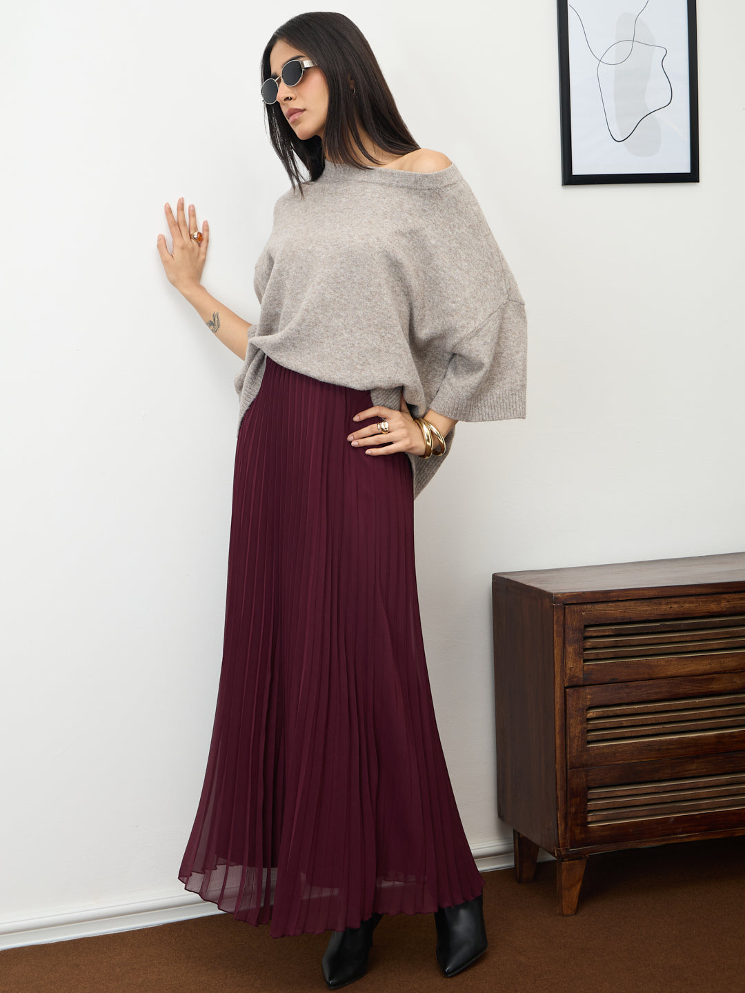 Wine Pleated Maxi Skirt