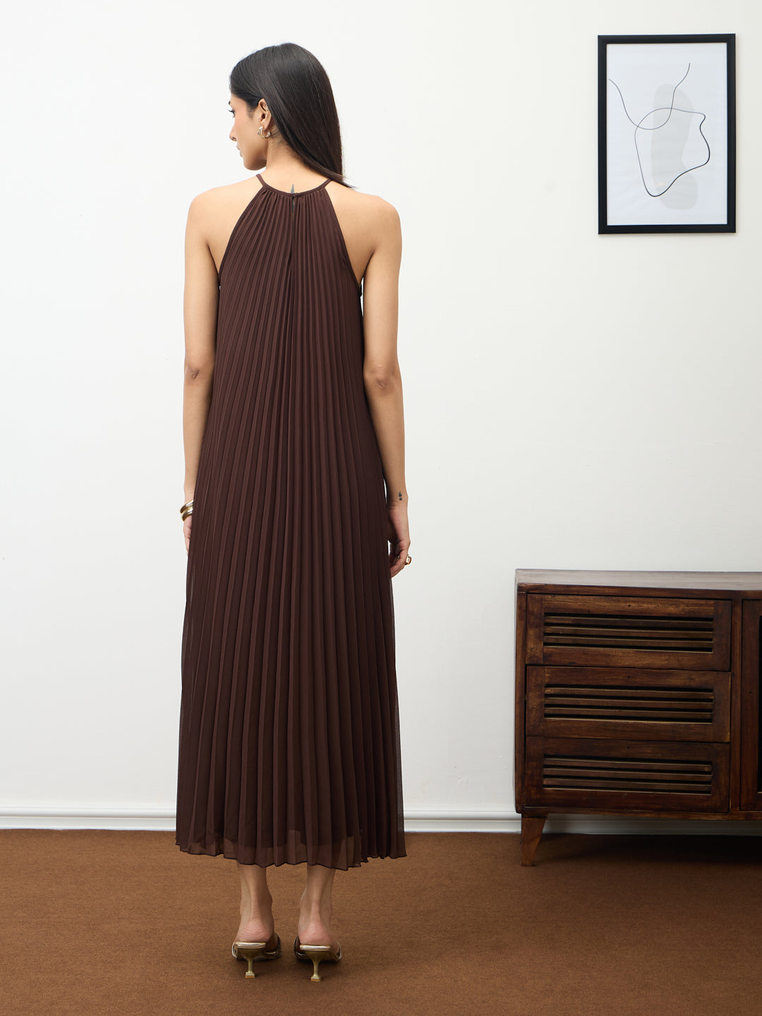 Coffee Brown Halter Neck Pleated Maxi Dress