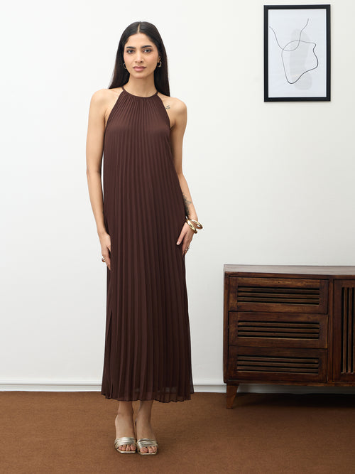 Coffee Brown Halter Neck Pleated Maxi Dress