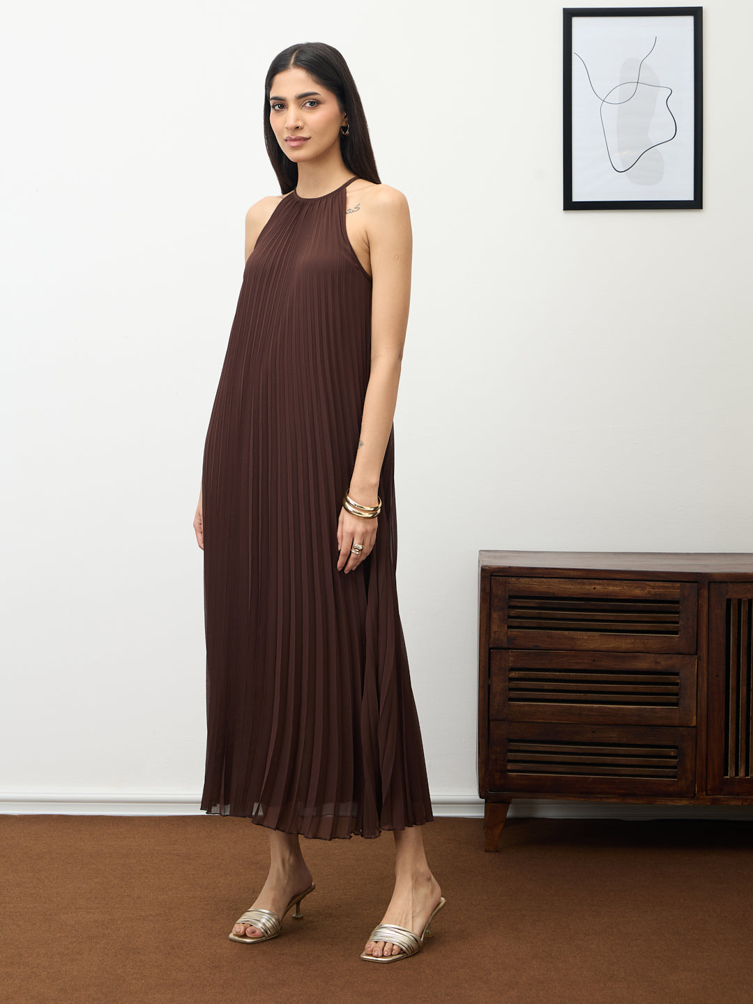 Coffee Brown Halter Neck Pleated Maxi Dress