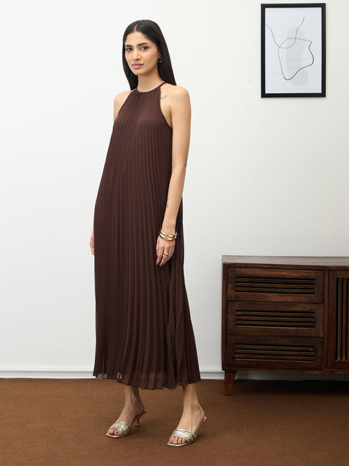 Coffee Brown Halter Neck Pleated Maxi Dress