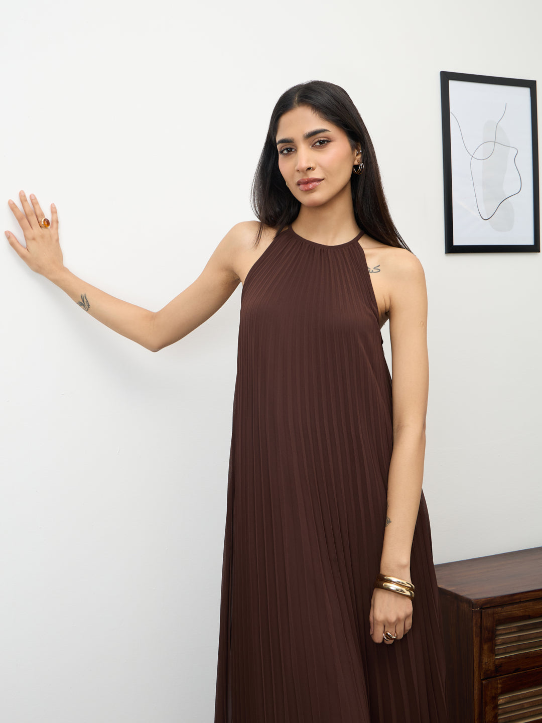 Coffee Brown Halter Neck Pleated Maxi Dress