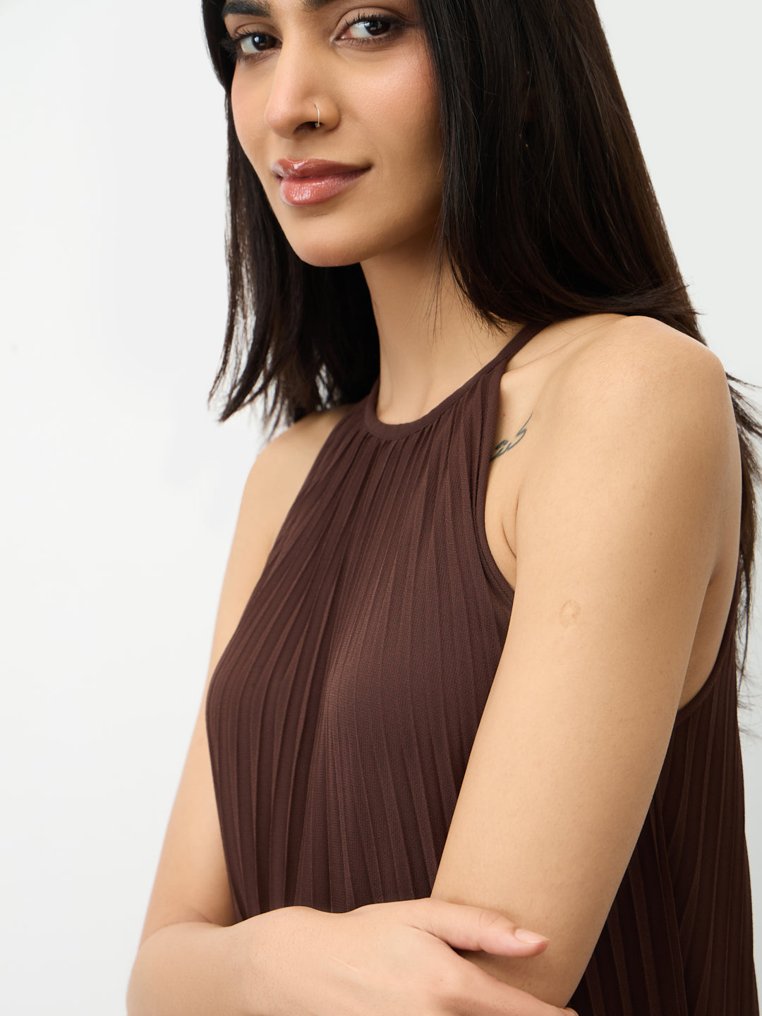 Coffee Brown Halter Neck Pleated Maxi Dress