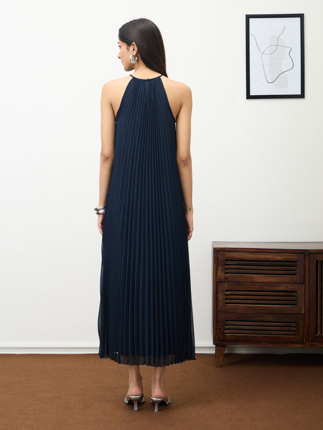 Navy Halter Neck Pleated Maxi Dress