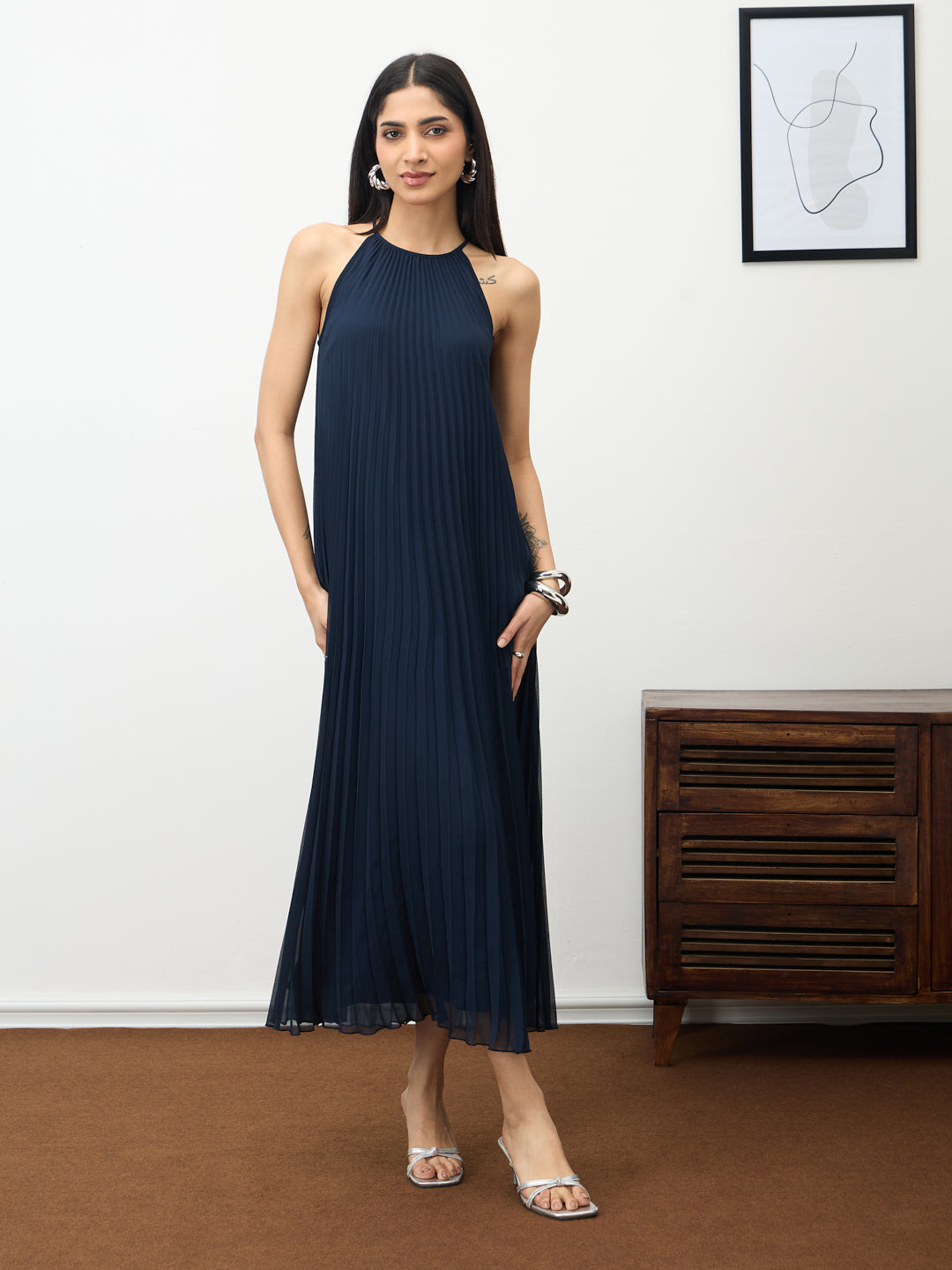 Navy Halter Neck Pleated Maxi Dress