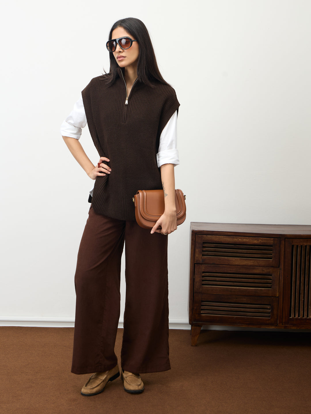 Coffee Brown Zipper Sweater Vest