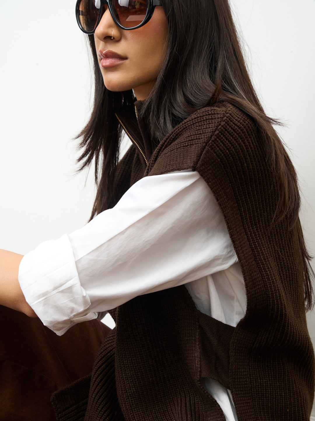 Coffee Brown Zipper Sweater Vest