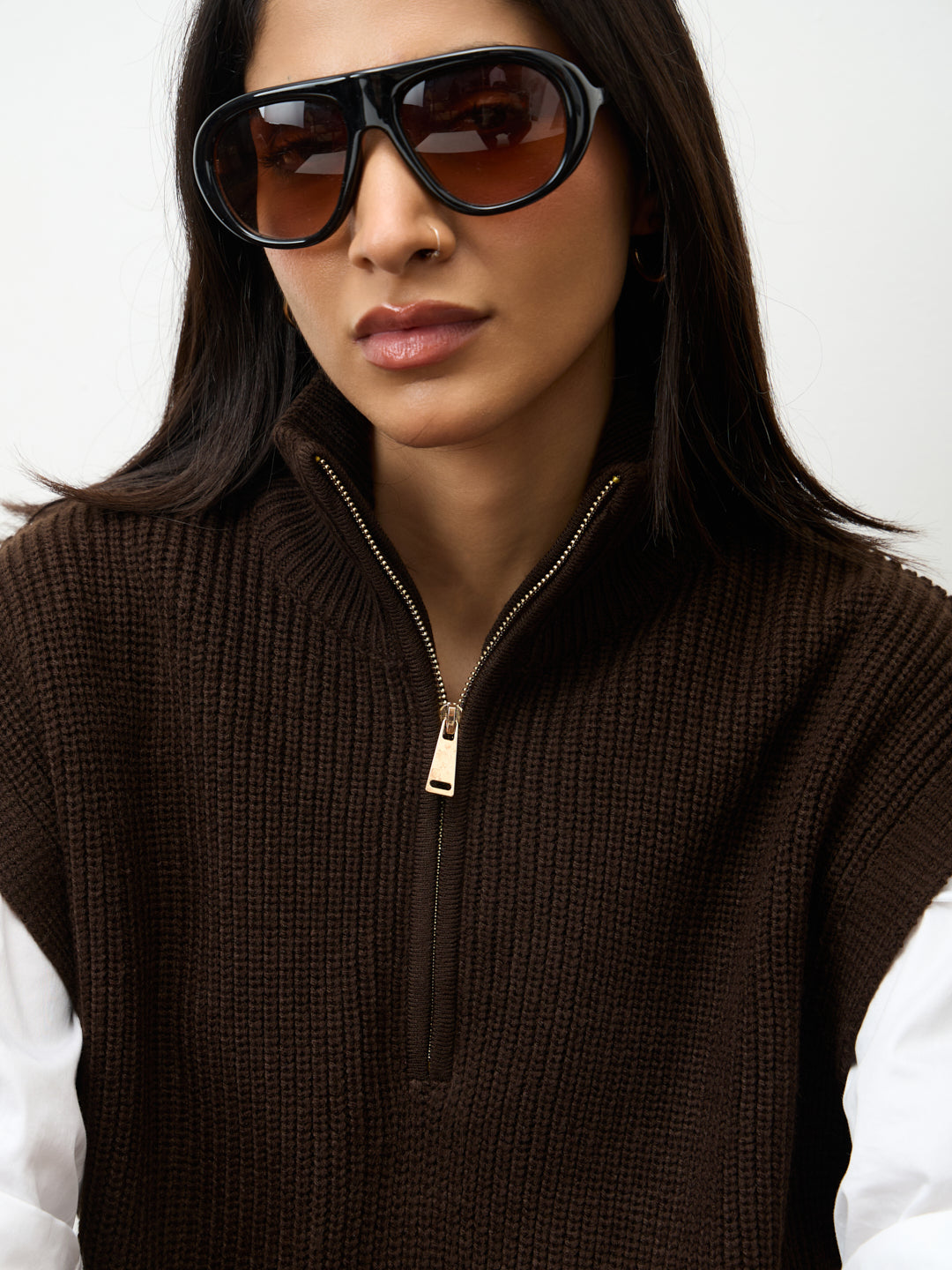 Coffee Brown Zipper Sweater Vest