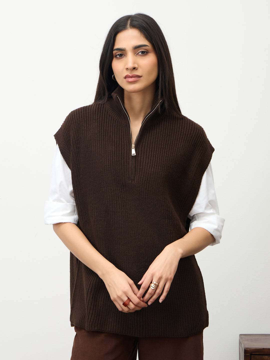 Coffee Brown Zipper Sweater Vest