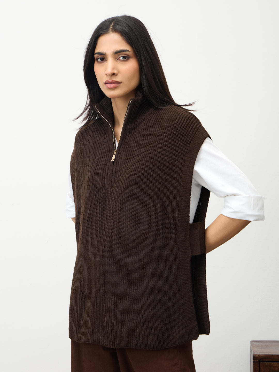 Coffee Brown Zipper Sweater Vest
