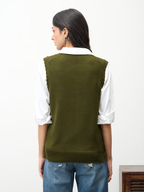 Olive Scallop Detail Sweater Vest