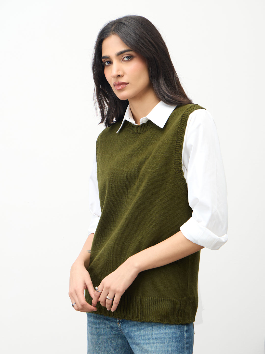Olive Scallop Detail Sweater Vest