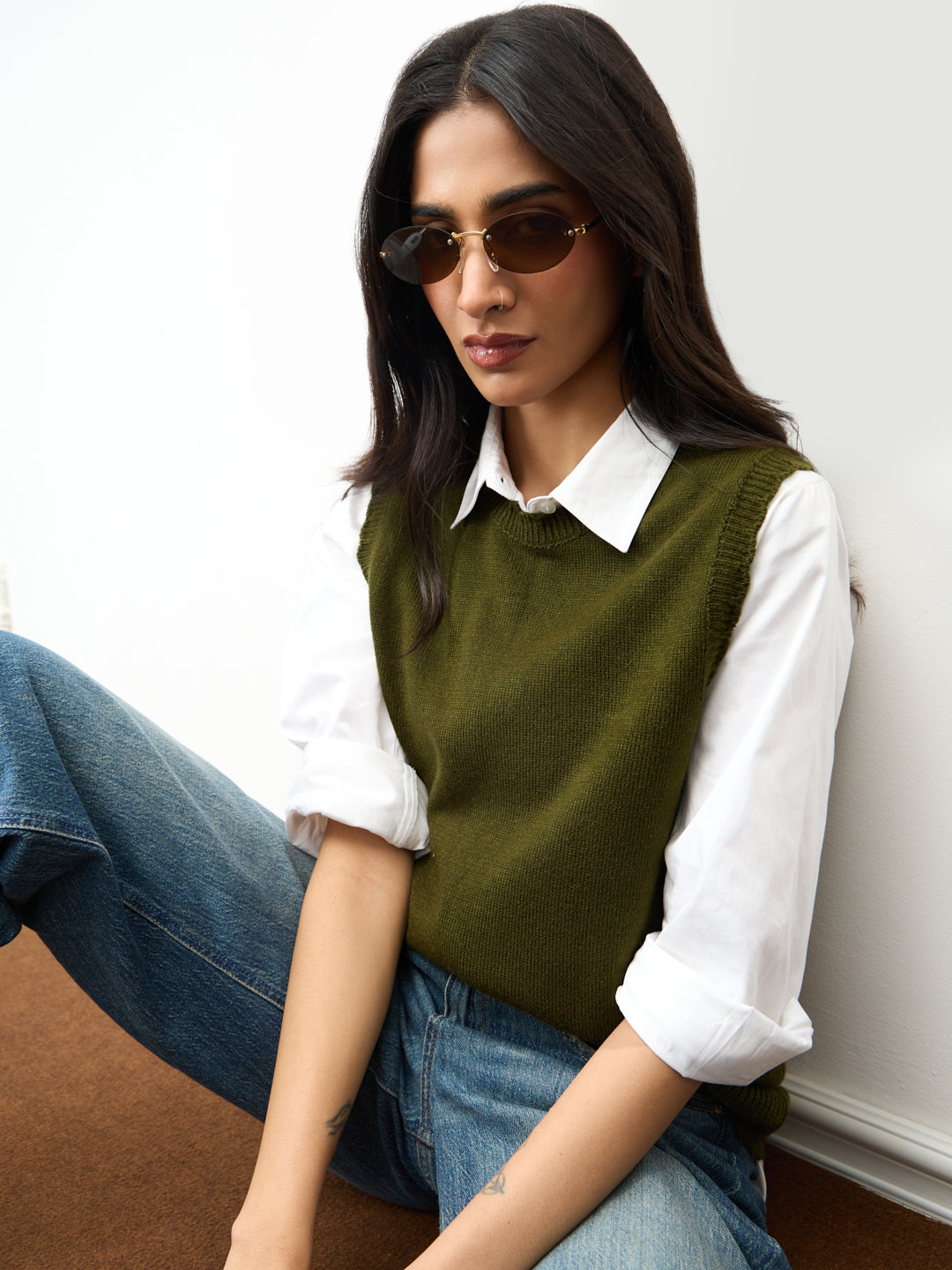 Olive Scallop Detail Sweater Vest