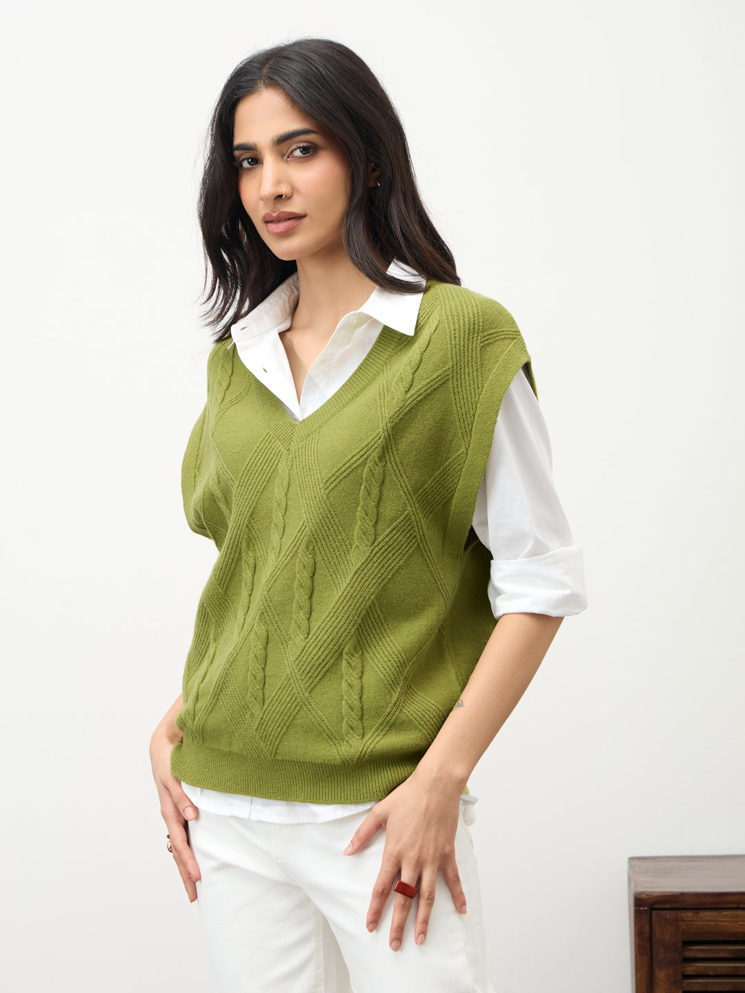 Citrine Green Cable Knit Sweater Vest