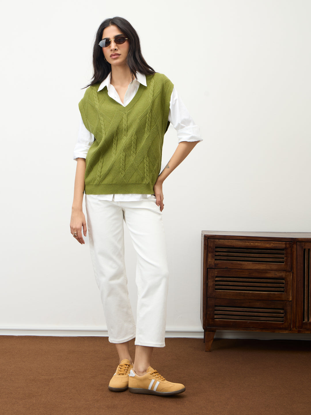 Citrine Green Cable Knit Sweater Vest