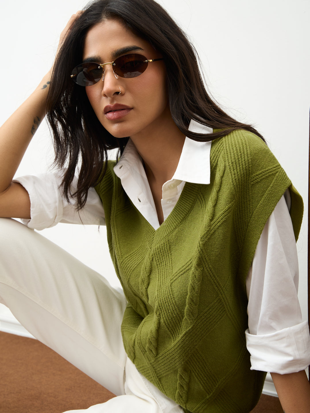 Citrine Green Cable Knit Sweater Vest
