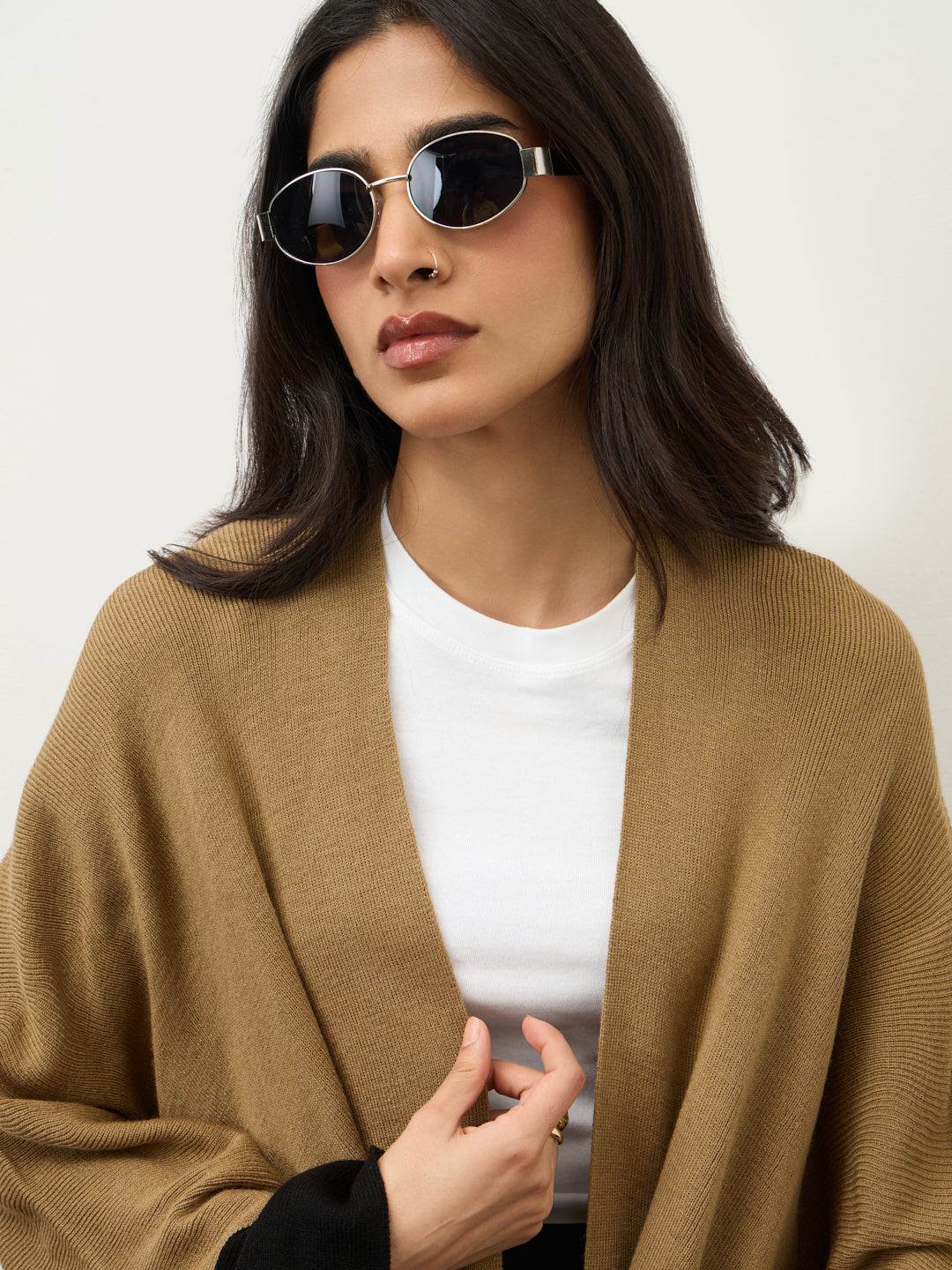Beige & Black Colorblock Free Size Cape