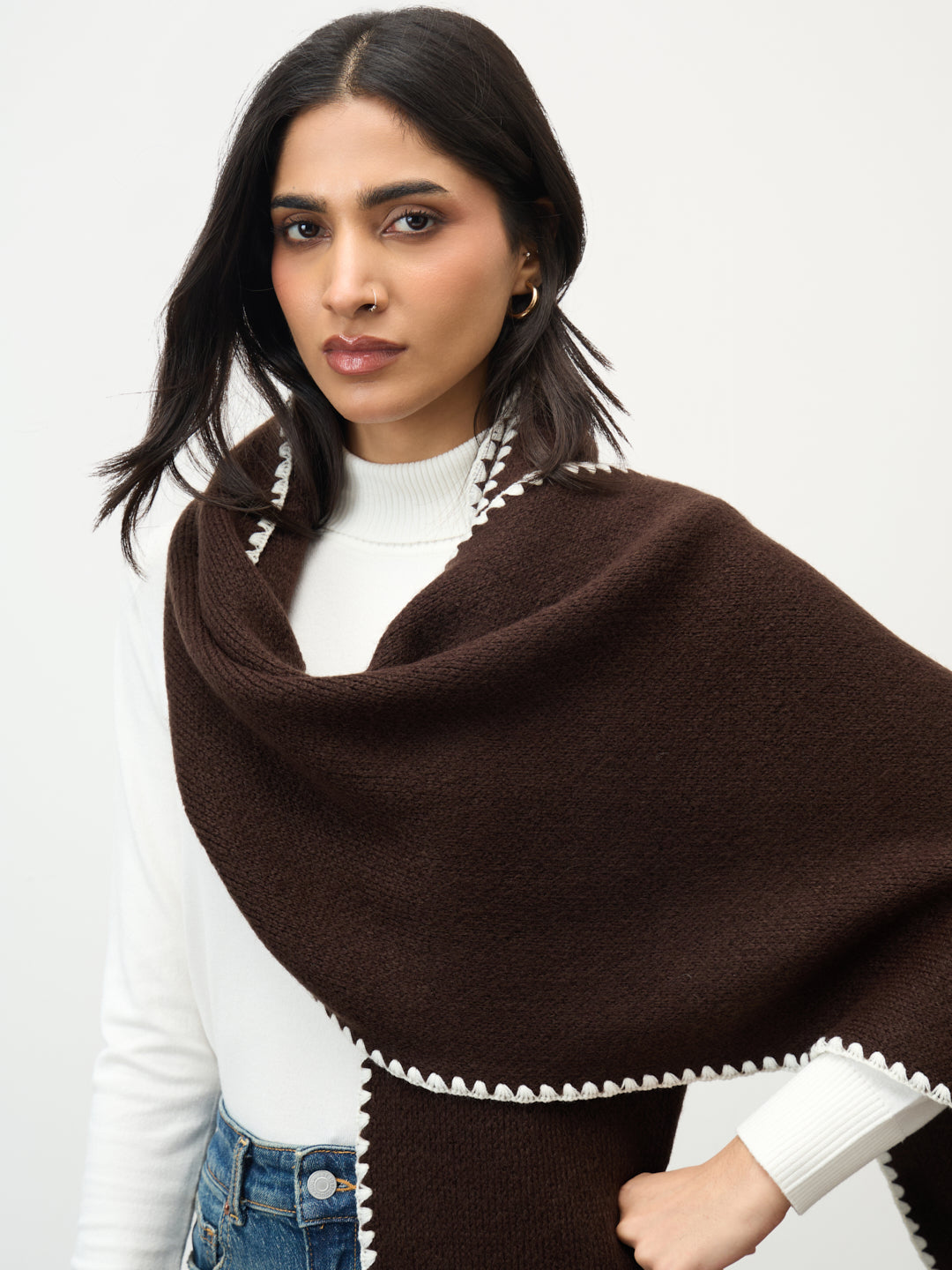 Mocha Contrast Stitch Detail Scarf