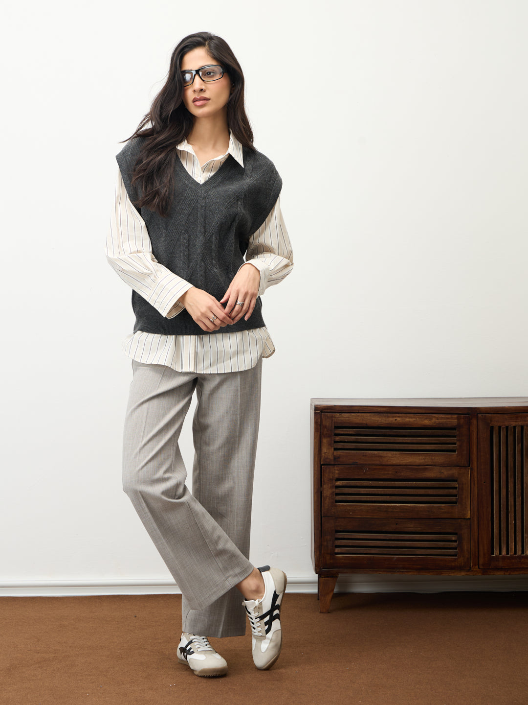 Grey Melange Cable Knit Sweater Vest