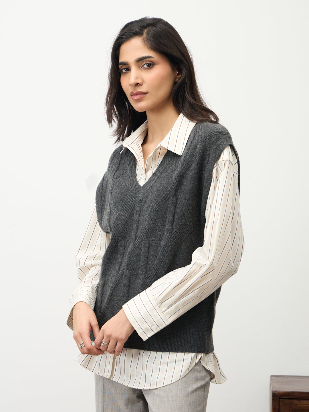 Grey Melange Cable Knit Sweater Vest