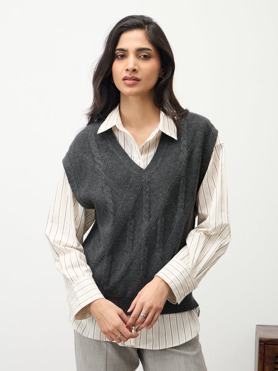 Grey Melange Cable Knit Sweater Vest