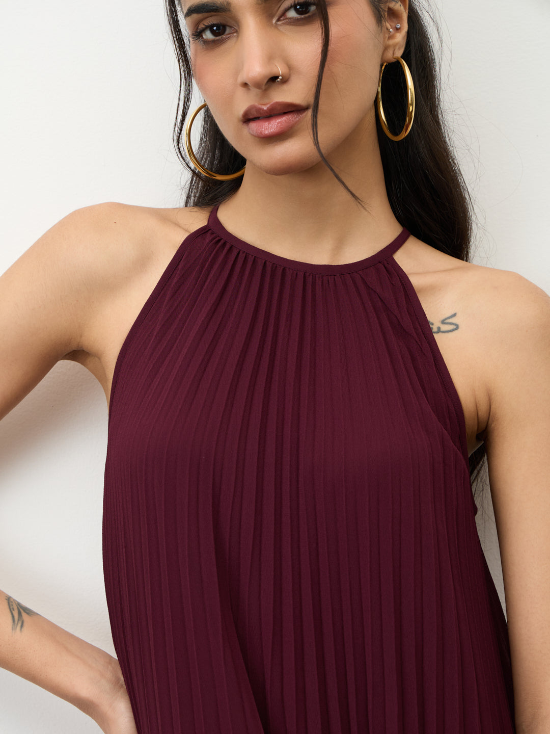 Wine Halter Neck Pleated Maxi Dress