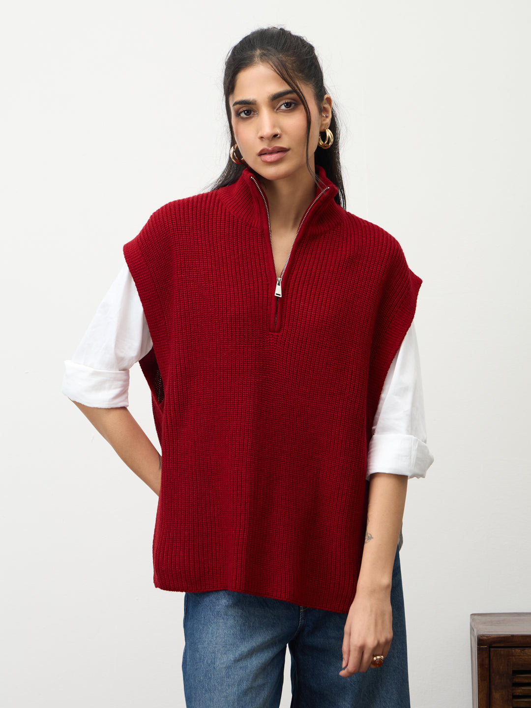 Deep Red Zipper Sweater Vest