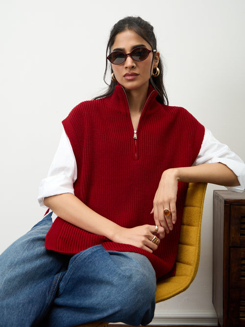 Deep Red Zipper Sweater Vest