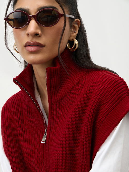 Deep Red Zipper Sweater Vest