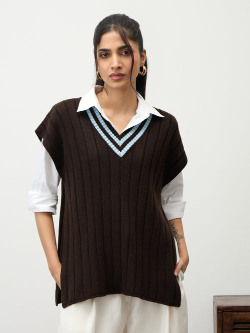 Coffee Brown Colorblock Sweater Vest