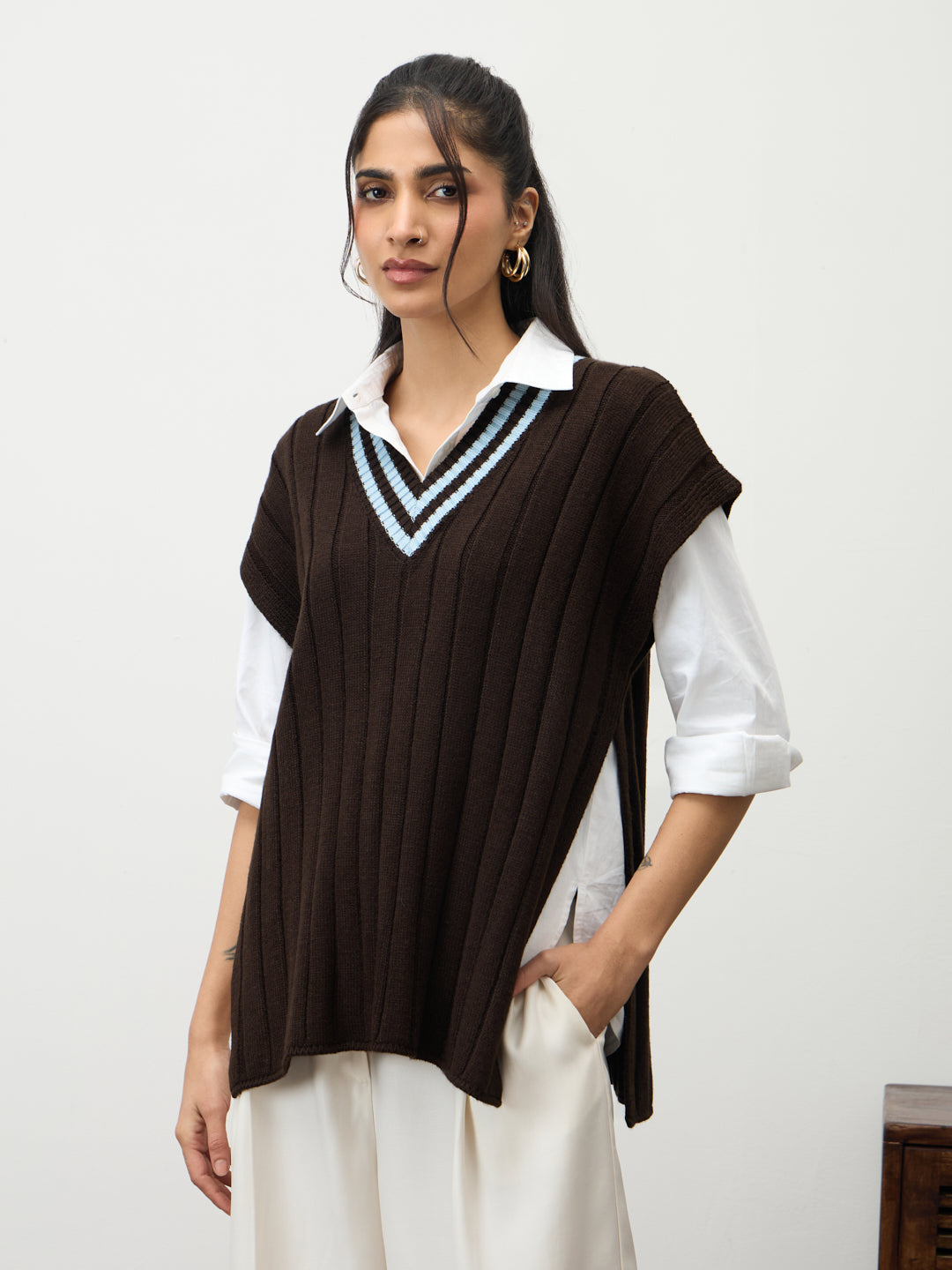 Coffee Brown Colorblock Sweater Vest