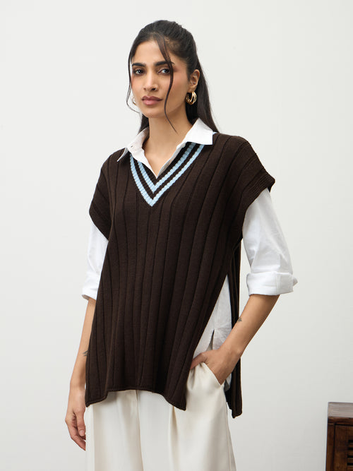 Coffee Brown Colorblock Sweater Vest