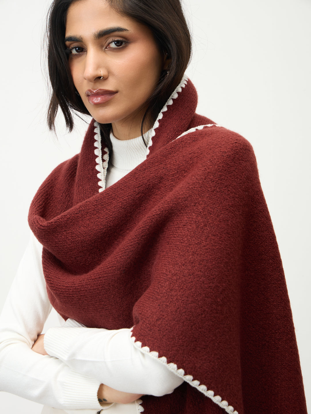 Deep Red Contrast Stitch Detail Scarf
