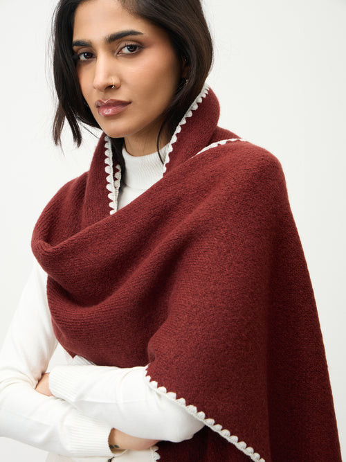 Deep Red Contrast Stitch Detail Scarf