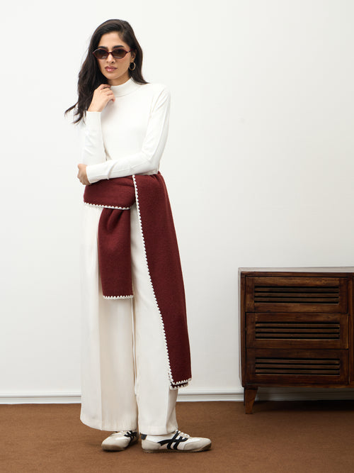 Deep Red Contrast Stitch Detail Scarf