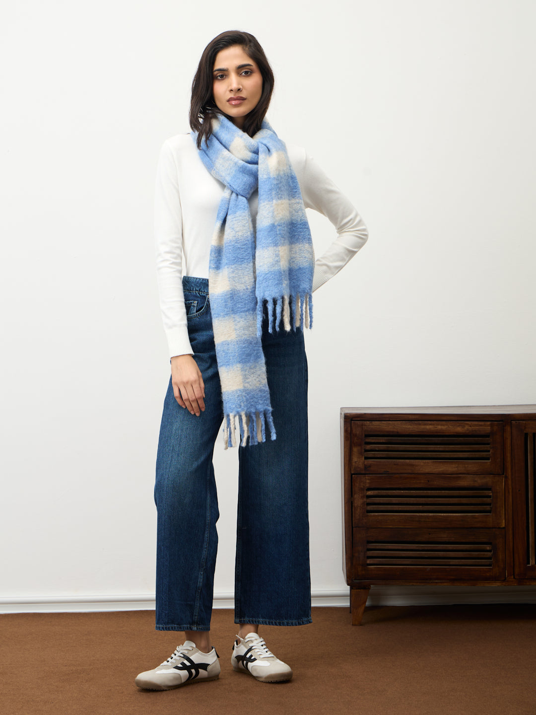 Blue Check Fringed Scarf