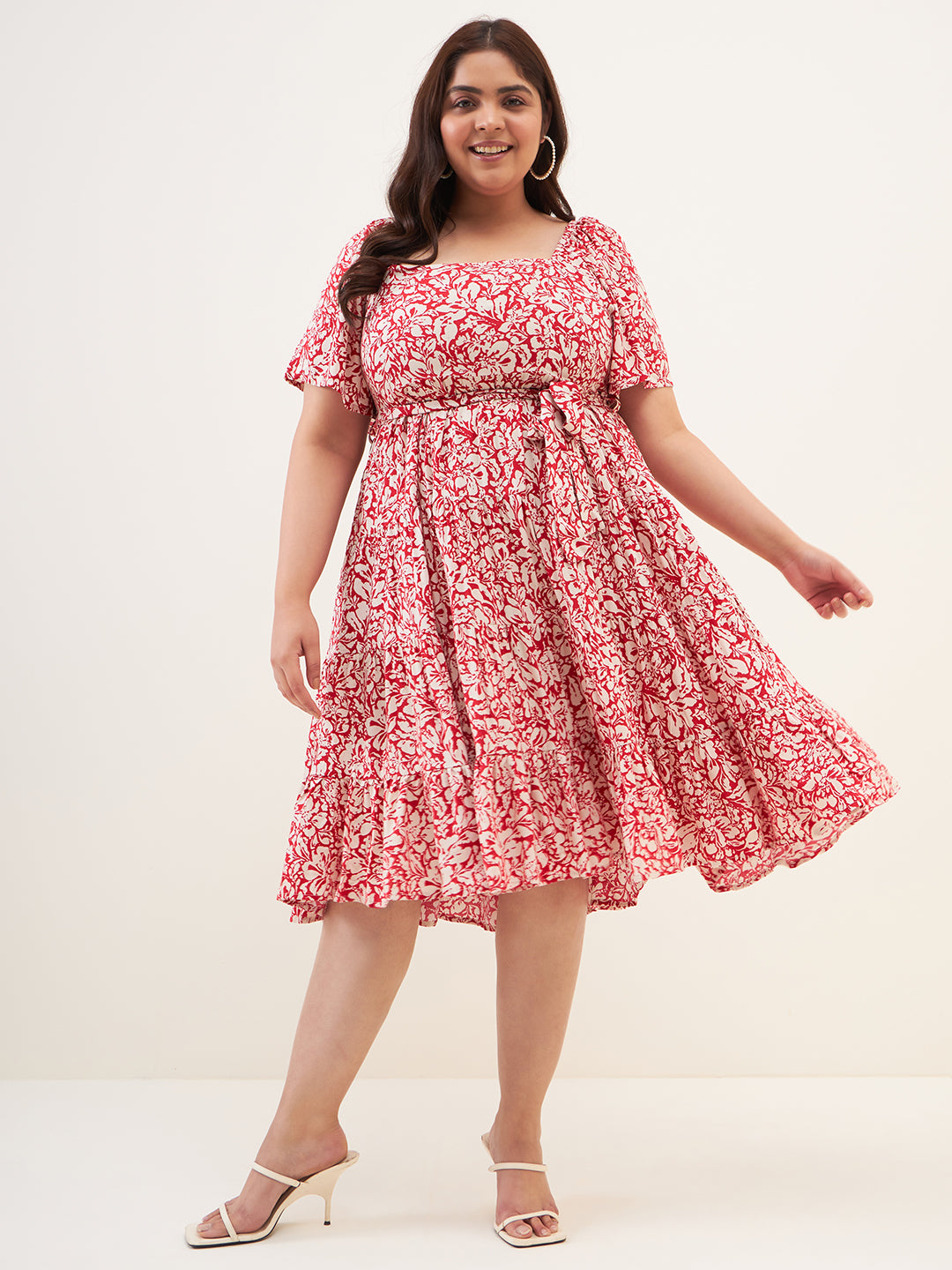 Red Floral Tiered Midi Dress