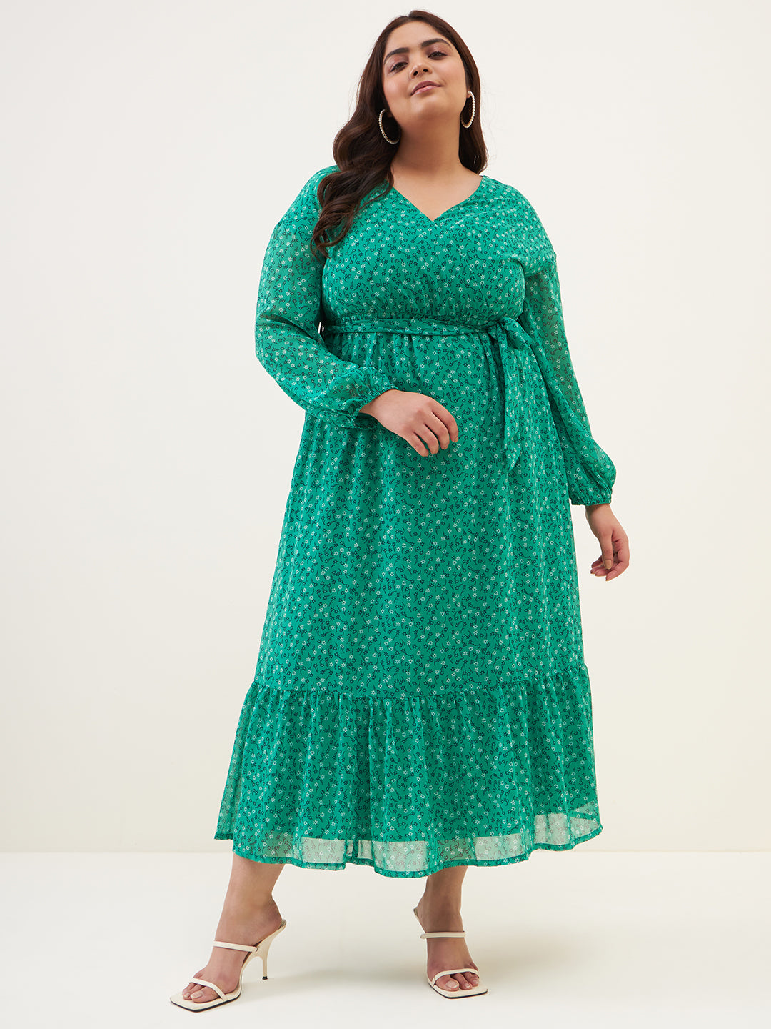 Green ditsy floral printed tiered maxi dress