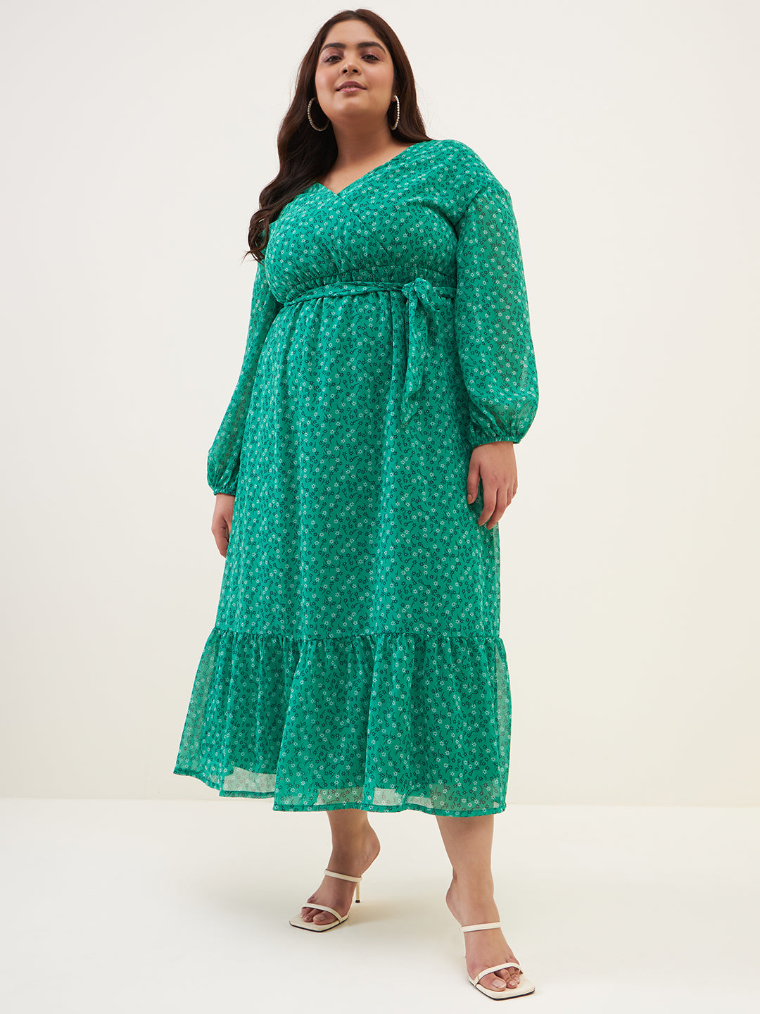 Green ditsy floral printed tiered maxi dress