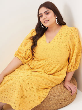 Yellow Cotton Schiffli Midi Dress
