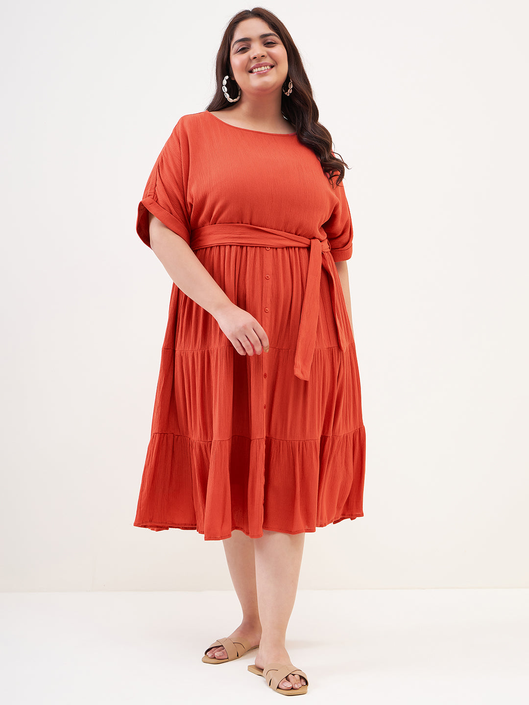 Rust Round Neck Tier Midi Dress