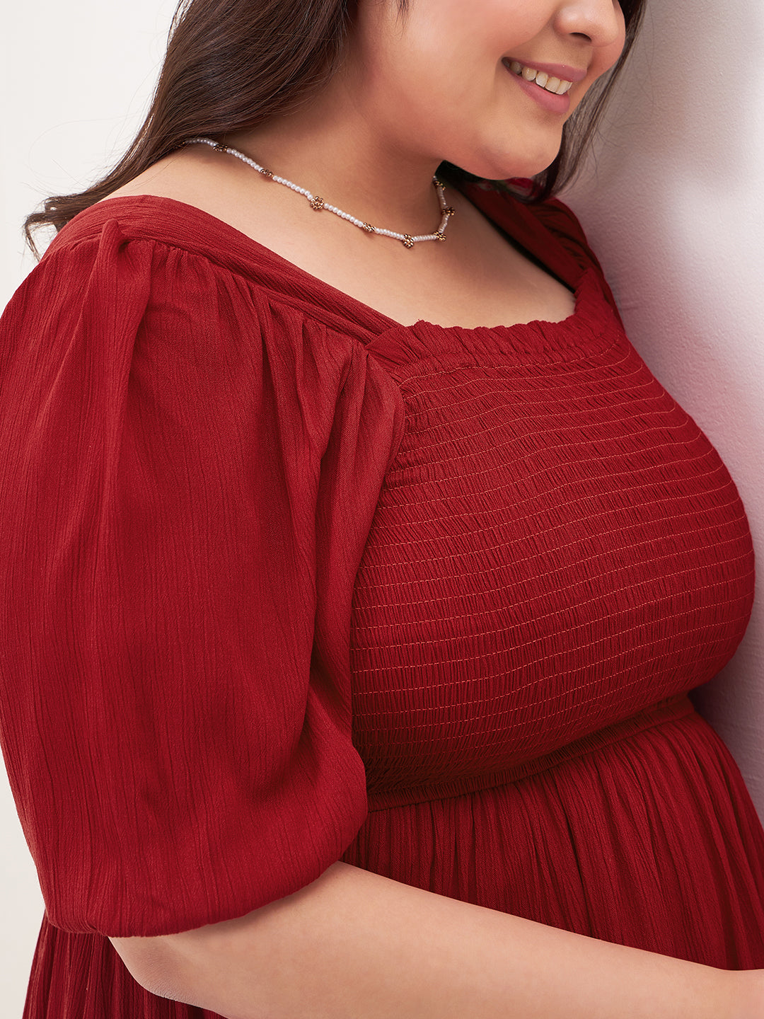 Red Crinkled Smocked Midi Dress