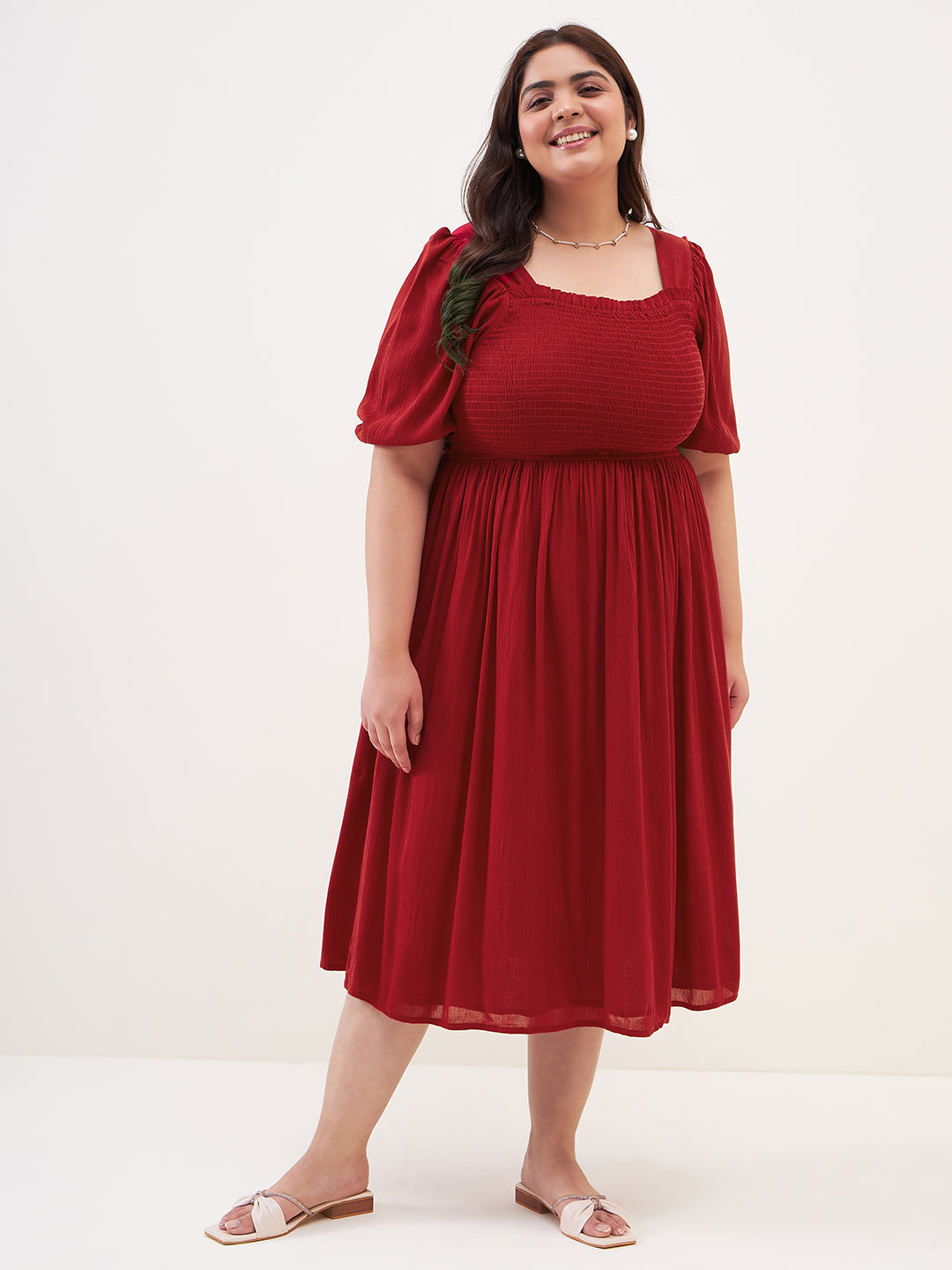 Red Crinkled Smocked Midi Dress