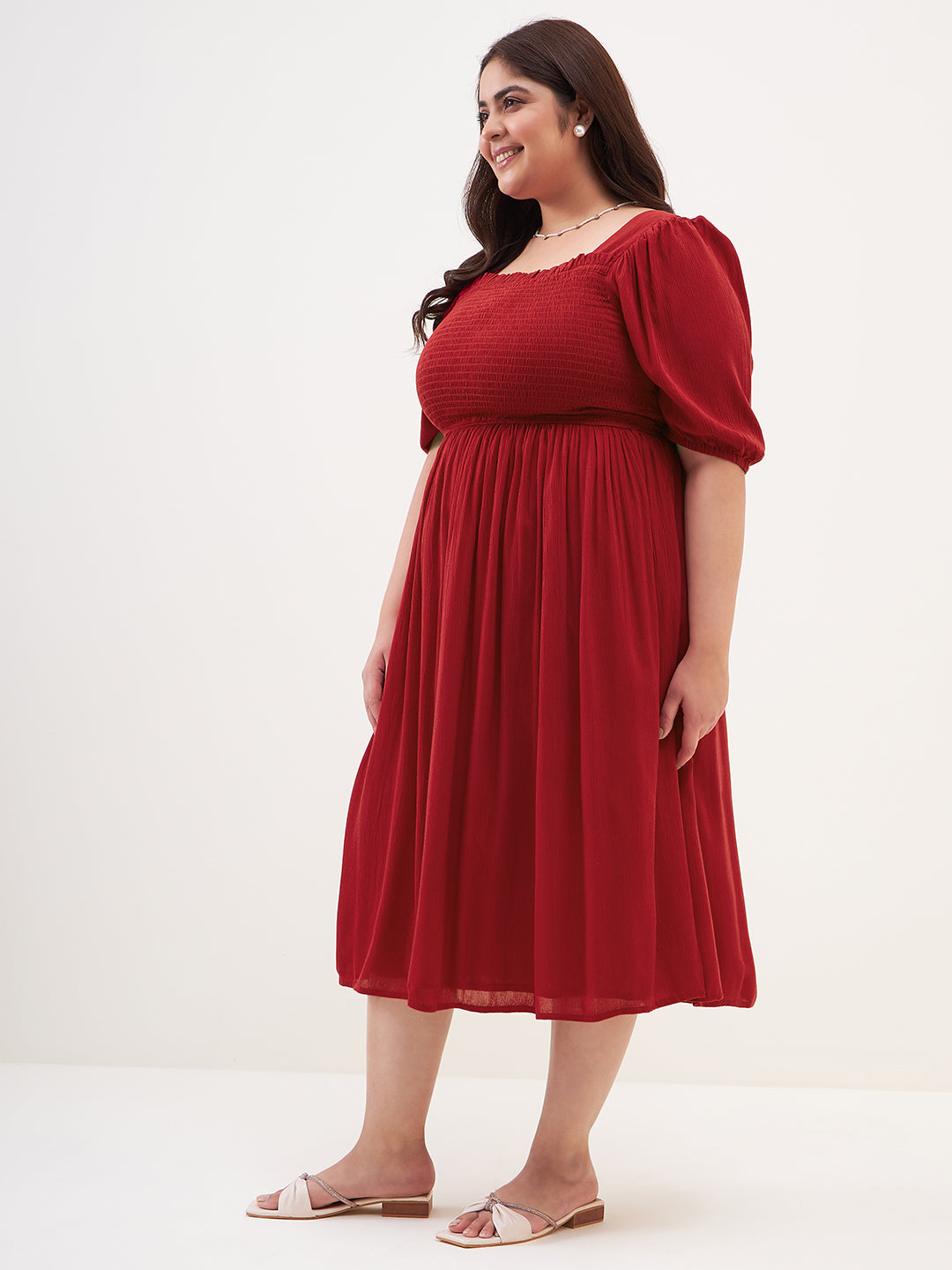 Red Crinkled Smocked Midi Dress