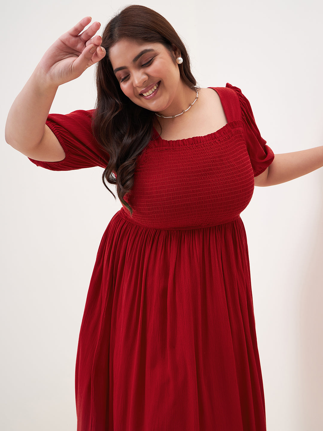 Red Crinkled Smocked Midi Dress