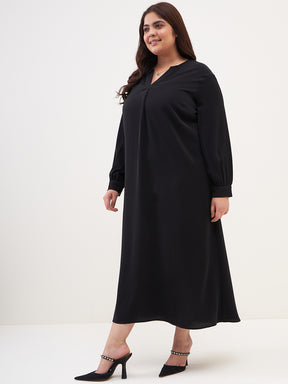 Black Solid V Neck Maxi Dress