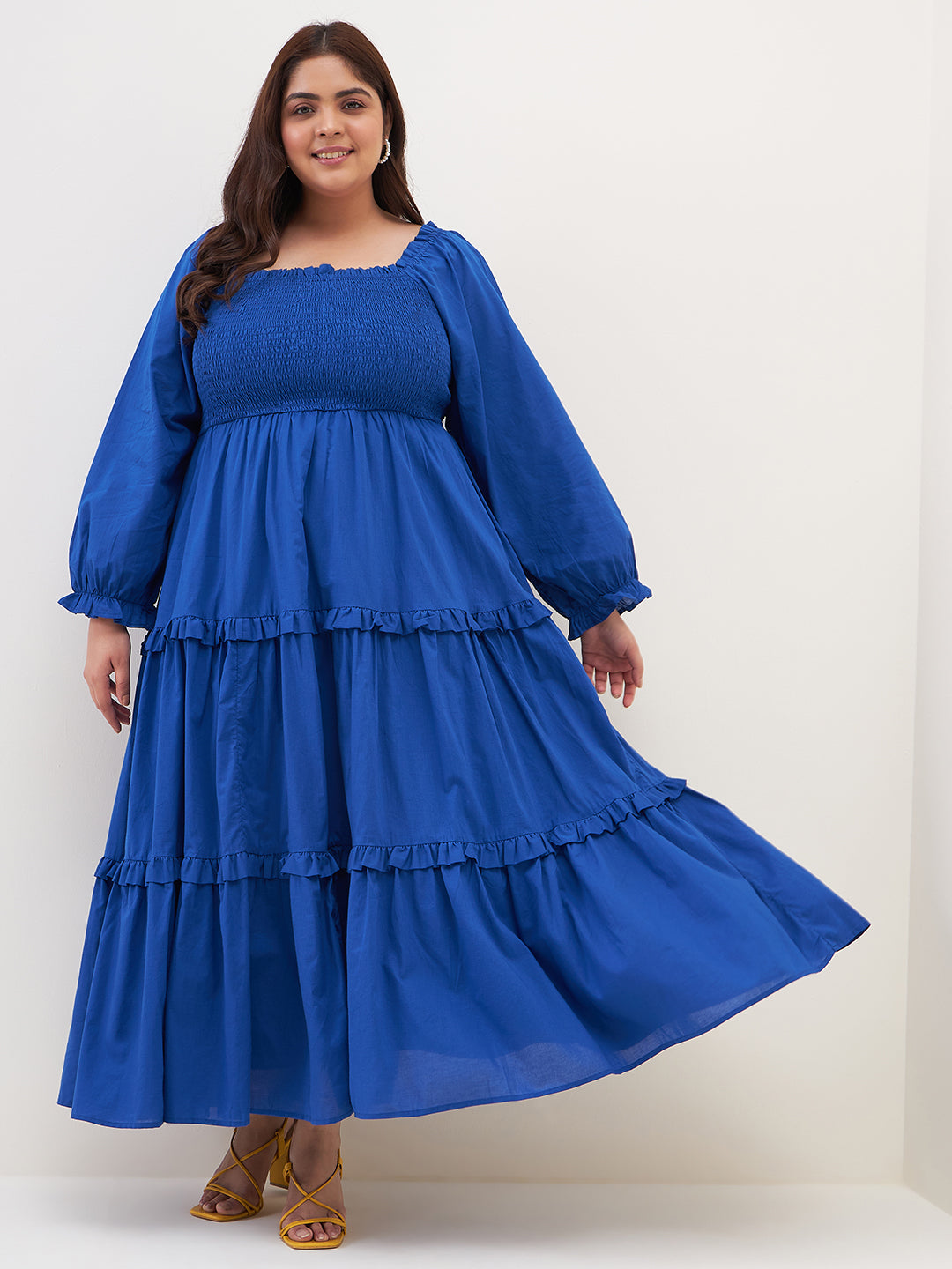 Blue Cotton Smocked Maxi Dress