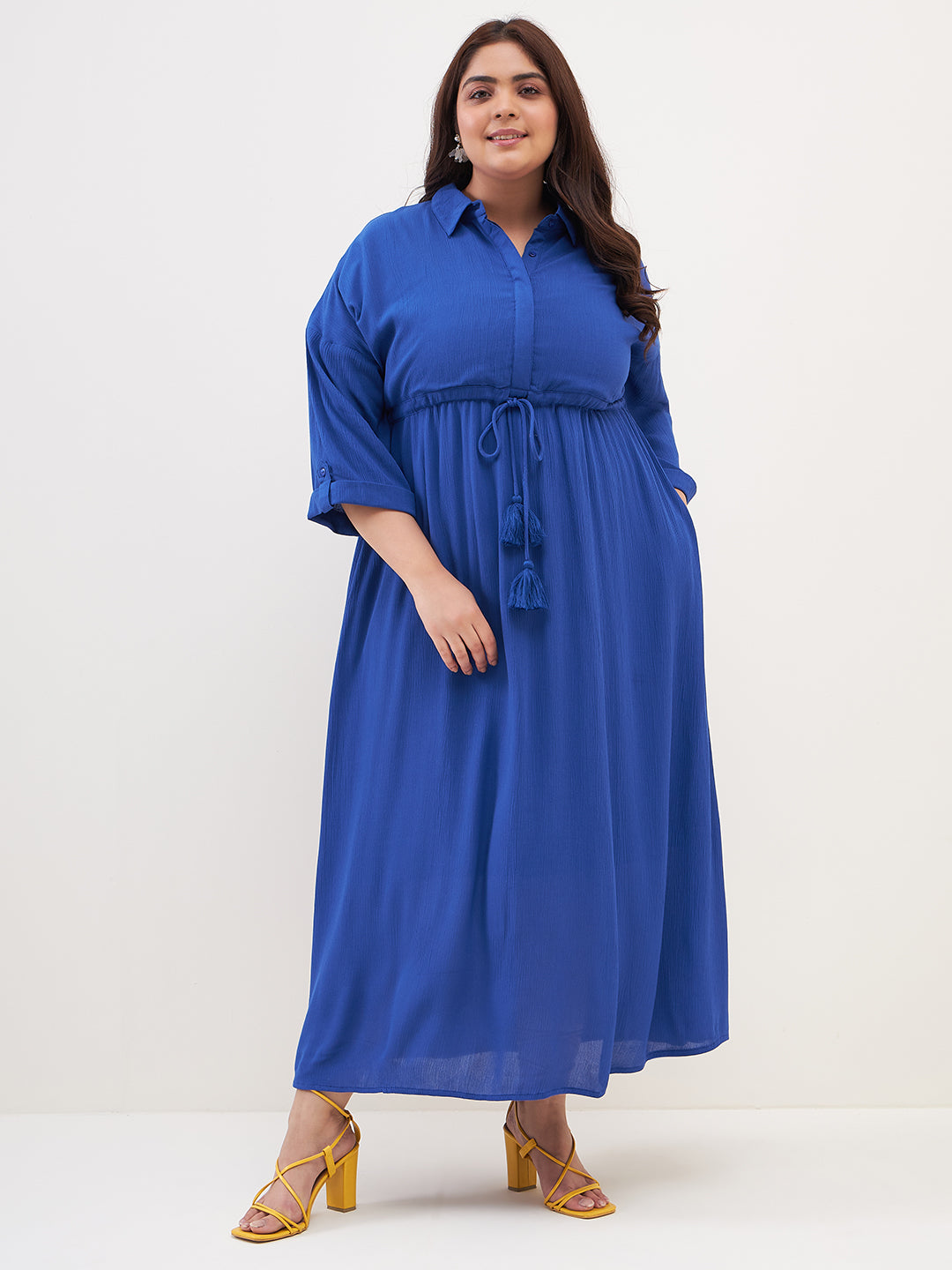 Blue Crinkled Shirt Maxi Dress
